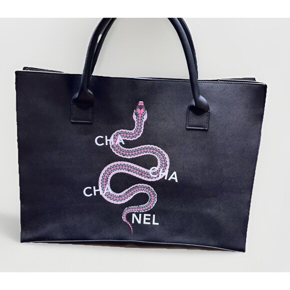 Vegan Leather Black Tote Bag LA|TC Cha Cha Cha Snake Satire Style Purse - Picture 1 of 9